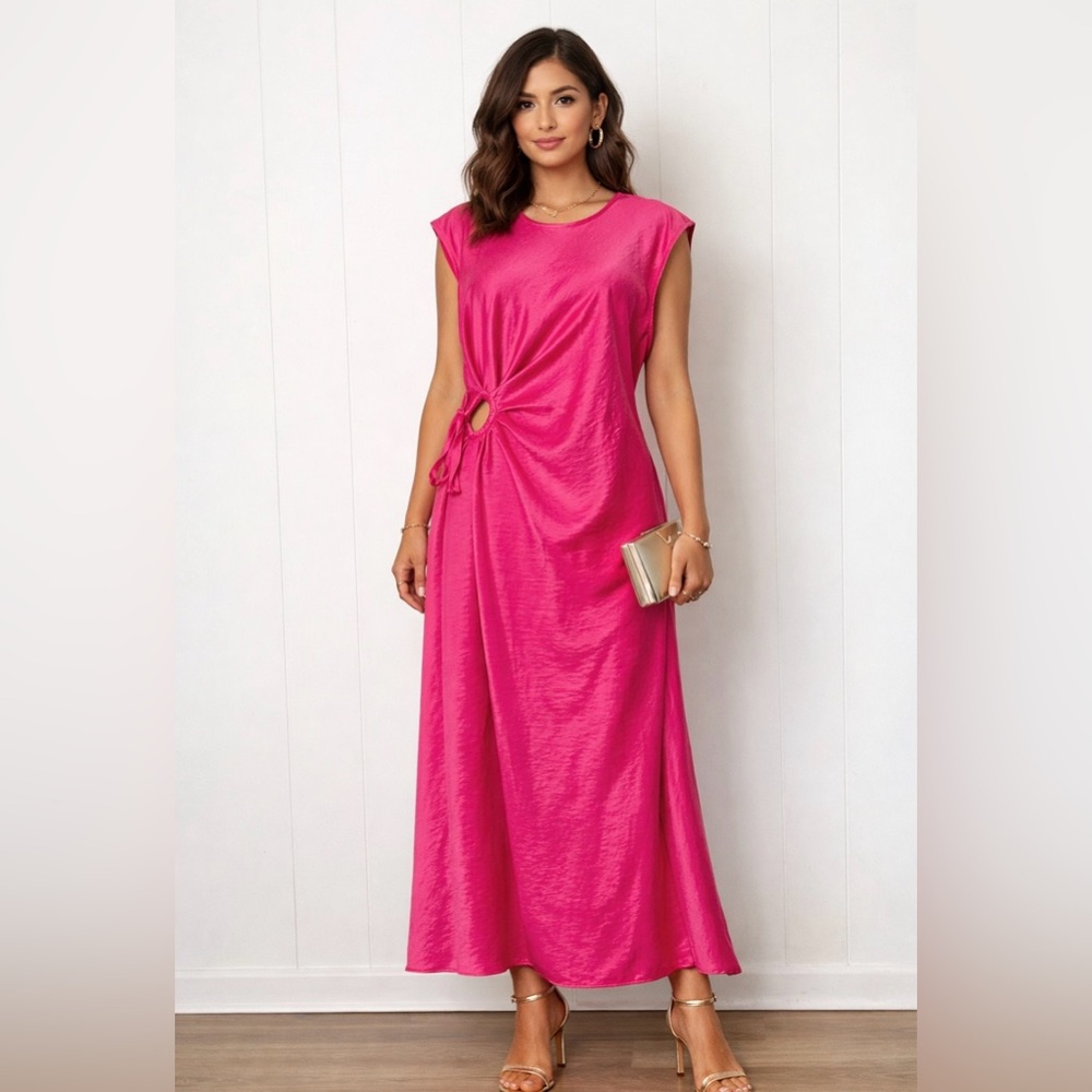 House of Harlow 1960 Hot Pink Satin Midi Dress Side Tie Size XL Valentine’s Day